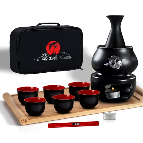 Japanisches Sake-Set mit Stövchen, 11-teilig, 6 Sake-Becher, nicht elektrischer Sake-Wärmer, Sake-Flasche, Bambus-Sake-Flugtablett für Sake-Becher-Set,Bomben-Geschenkset für chinesisches Sake-Set von i2 Home