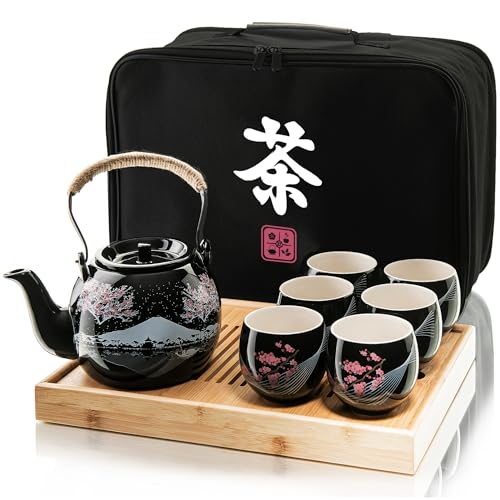 Traditionelles japanisches Tee-Set – Keramik-Teeset mit Teekanne, 6 Teetassen, 1 Bambus-Teetablett & Aufbewahrungs-Geschenktasche für Reisen, Zuhause oder Outdoor, Teesets für Erwachsene mit Teekanne von i2 Home