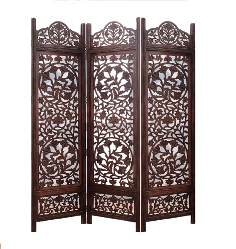 iAnanas Handgefertigter Raumteiler aus Massivem Mangoholz & MDF, 3-teiliger Faltbarer Paravent mit Dekorativen Mustern, Platzsparend, Einfach zu Montieren, Ideal als Sichtschutz, 152 x 180 cm von iAnanas