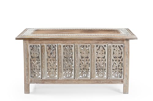 iAnanas Vintage-Couchtisch aus massivem Mangoholz – Handgefertigter Couchtisch aus Holz mit geschnitzten Details, weiß getünchtes Finish, dekorativ und robust für das Wohnzimmer – 92 x 45 x 45 cm iAnanas Vintage-Couchtisch aus massivem Mangoholz – Handgefertigter Couchtisch aus Holz mit geschnitzten Details, weiß getünchtes Finish, dekorativ und robust für das Wohnzimmer – 92 x 45 x 45 cm von iAnanas