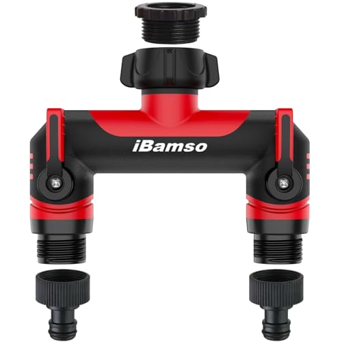 iBamso 2-Wege Verteiler, 3/4 Zoll Wasserverteiler, Schlauchverbinder zum Anschluss 2 Geräten Gartenschlauch Adapter mit Absperrventil Verlängerter MetallGriff, für Garten Bewässerung Wasserhahn-Red von iBamso