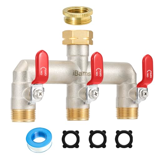 iBamso 3-Wege Verteiler, 3/4 Zoll Großer Durchfluss Wasserverteiler aus Vernickeltem Messing, Größer Ausguss Wasserverteiler, Gartenschlauch Wasserhahn-Anschluss für Haus und Garten - Rot Metallgriff von iBamso