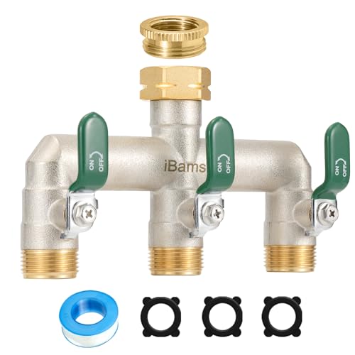 iBamso 3-Wege Verteiler, 3/4 Zoll Großer Durchfluss Wasserverteiler aus Vernickeltem Messing, Größer Tülle Wasserverteiler, Gartenschlauch Wasserhahn-Anschluss für Haus und Garten - Grüner Metallgriff von iBamso