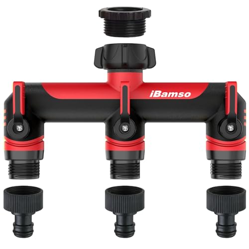 iBamso 3-Wege Verteiler, 3/4 Zoll Wasserverteiler, Anschlussmöglichkeit für 3 Geräte an den Wasserhahn, Gartenschlauch Adapter Verlängerter Griff, Individuell Einstellbarer Wasserdurchfluss - Red von iBamso