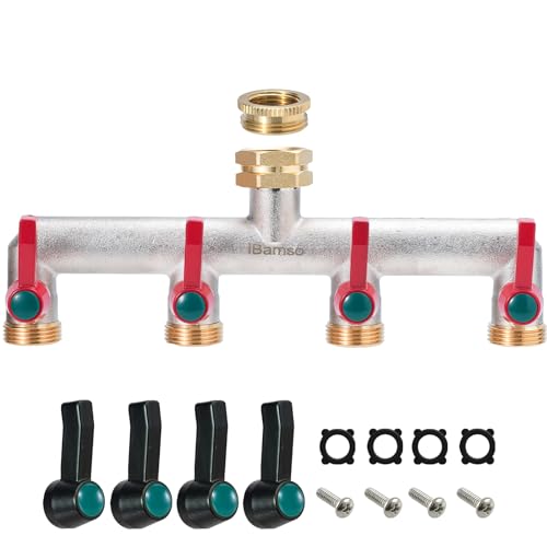iBamso 4-Wege Verteiler, 3/4 Zoll Messing Wasserverteiler 4-Wege, zum Anschluss 4 Geräten Gartenschlauch Adapter, Wasserdurchfluss Regulier und Absperrbar für Garten Bewässerung GartenschläUche von iBamso
