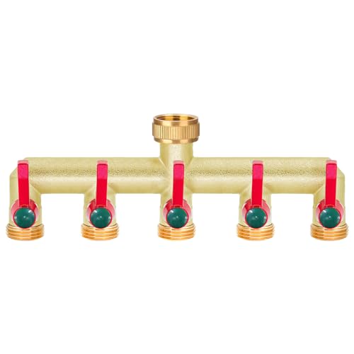 iBamso 5-Wege Verteiler, 3/4 Zoll Messing Wasserverteiler Verlängerter Handgriff, Wasserverteiler mit 5 separaten Absperrhähnen, Gartenschlauch Wasserhahn-Anschluss für Haus und Garten von iBamso