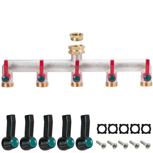 iBamso 5-Wege Verteiler, 3/4 Zoll Wasserverteiler aus Vernickeltem Messing, Wasserverteiler mit 5 separaten Absperrhähnen, Gartenschlauch Wasserhahn-Anschluss für Haus und Garten von iBamso