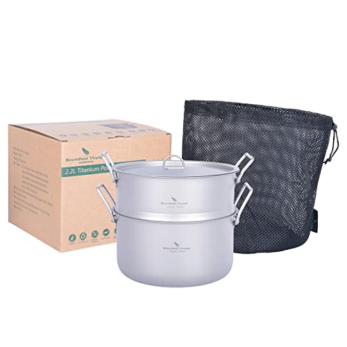 iBasingo 2.2L Titan Dampfgarer Dampftopf Kompakte Dampfpfanne Klein Camping Topf Outdoor Kochgeschirr Leichter Tragbarer Haushalt Küche Metall Kochen Set Lebensmittel Dampfer für 1-2 Person Ti2111C von iBasingo