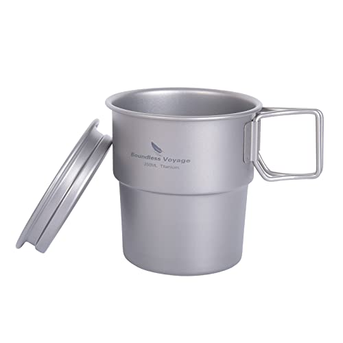 iBasingo 250ml Camping Becher mit Deckel Outdoor Titan Teetasse Kaffee Wasserbecher mit Klappgriff Leicht Tragbarer Europäischer Stapelbarer Reisen Becher Home Büro Einlagiger Trinkutensilien Ti3051D von iBasingo