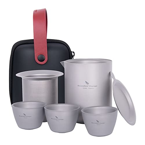 iBasingo 350 ml Titan Teekannen Tassen Set mit Filter Doppellagige Tee Infuser für losen Tee Outdoor Camping Tee Service Reisen Sie Tragbare Chinesische Teeware Leichte Tee Sachen mit Sieb Ti3107D von iBasingo