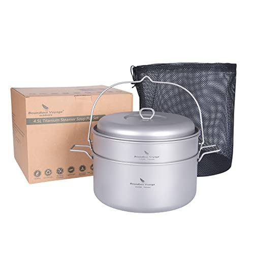 iBasingo 4.5L Titan Dampfer Suppe Topf 2L Dampffächer Set Outdoor Camping Kochgeschirr Leichtes Picknick Wandern Hängende Topf Reise Haushalt Küchengeschirr Kochen Kit Hot Pot Für 3-5 Person Ti2114C von iBasingo
