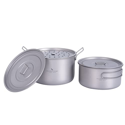 iBasingo Camping Topf mit Deckel Titan Kochgeschirr Mess Kit Outdoor Kochset Tragbarer Dampfer 2.4L & 1.6L Suppe Topf Wok Teetablett Topf Topf Leichte Reise Wandern Küche Zubehör für 1-2 Personen von iBasingo