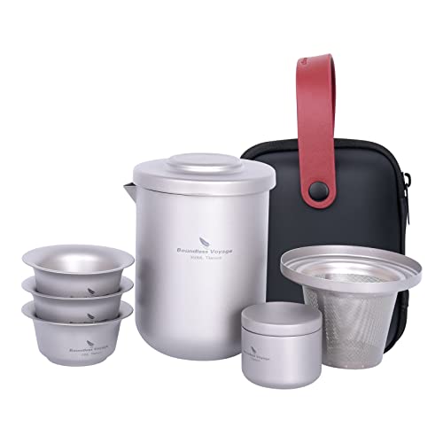 iBasingo Tea for One Set Outdoor Reisen Titan Teekanne mit Einsatz Camping Tragbar Chinesisches Kung Fu Teeset Doppelschichtiger Teebereiter mit Teesieb & 3 40ml Mini Becher Teetasse Ti3105D von iBasingo