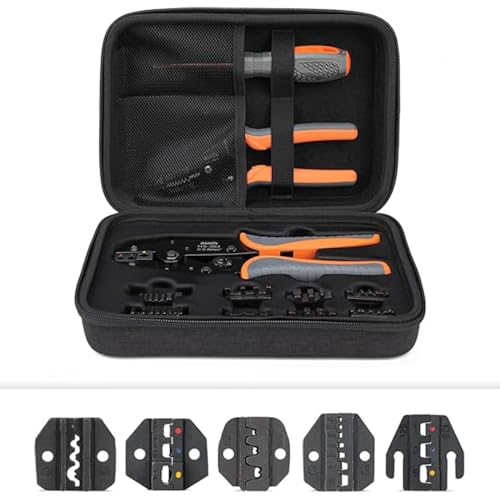 iCrimp Draht-Crimpwerkzeug-Set mit Abisolierzange Kabelschuhe, Ratschen-Crimpzange mit 5 Stück Austauschbare Matrizen für Isolierte und nicht Isolierte Steckverbinder und Aderendhülsen mit EVA Tasche von iCRIMP