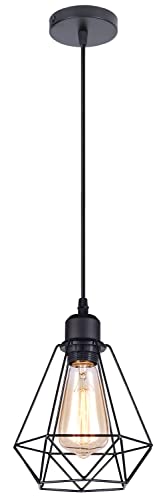 iDEGU 1-flammig Industrielle Pendelleuchten, Vintage Hängelampe Schwarze Pendellampe aus Metall E27 Retro Hängeleuchte im Geometrisch Käfig Stil- Ø 20.5cm (1-flammig) von iDEGU