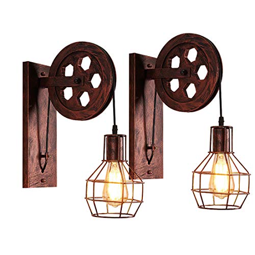 2 Stücke Industrial Wandlampen, iDEGU Vintage Wandleuchten im Riemenscheibe Design Retro Lampe aus Metall und Holz E27 Hängelampe Wandlampe für Schlafzimmer Wohnzimmer Restaurant Bar Flur - Roter Rost von iDEGU