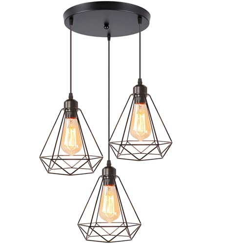 iDEGU 3-flammig Industrielle Pendelleuchten, Vintage Hängelampe Schwarze Pendellampe aus Metall E27 Retro Hängeleuchte im Geometrisch Käfig Stil- Ø 20.5cm (3-flammig Rondell) von iDEGU