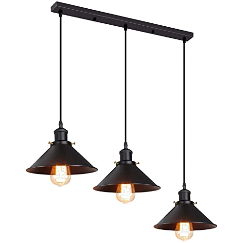 iDEGU 3-flammig Pendelleuchte, Retro Hängelampe Industrie Design Hängeleuchte 22CM Lampenschirm Vintage Lampe E27 Kronleuchter für Küche Esszimmer Café Bar Restaurant (Ganz Schwarz) von iDEGU