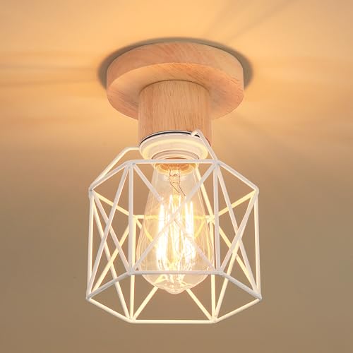 iDEGU 15cm Deckenleuchte Vintage, Industrial Pendelleuchte Holz und Metall in Lampe im Industrie Design Käfig Lampenschirm E27 Hängelampe Weiß Deckenlampe für Flur, Schlafzimmer, Küche, Esszimmer von iDEGU