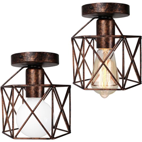 iDEGU 2 Stück Deckenleuchten Industrielle 15cm Retro Deckenlampe aus Eisen Lampenschirm in Sechseck Käfig Vintage Design E27 Kronleuchter für Flur Küche Wohnzimmer Schlafzimmer Dekoration (Rost) von iDEGU