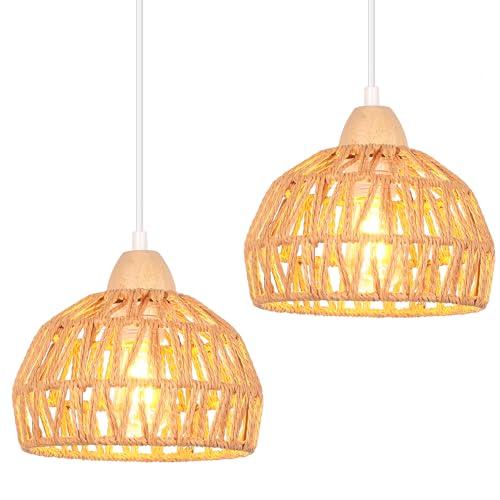 iDEGU 2 Stück Ø20cm Hängelampen Retro E27 Hängeleuchte aus Rattan Holz Bohème-Stil Geflochten Deckenleuchte Vintage Pendelleuchte für Schlafzimmer Esszimmer Küche Restaurant (Braun Rattan) von iDEGU
