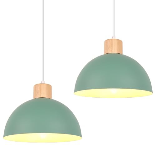 iDEGU 2 Stück Hängelampen Retro E27 LED Hängeleuchte Moderne Skandinavisch Deckenleuchte aus Metall Holz Pendelleuchte für Schlafzimmer Esszimmer Küche Restaurant (25cm, Grün, 2 Lampen) von iDEGU
