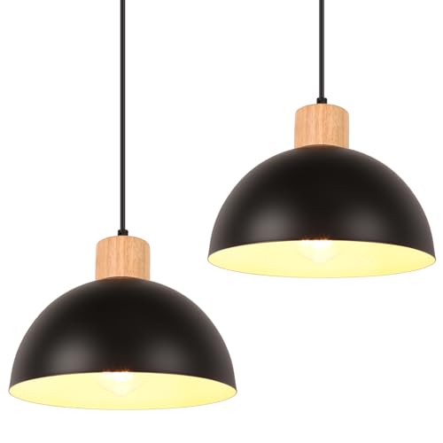 iDEGU 2 Stück Hängelampen Retro E27 LED Hängeleuchte Moderne Skandinavisch Deckenleuchte aus Metall Holz Pendelleuchte für Schlafzimmer Esszimmer Küche Restaurant (25cm, Schwarz, 2 Lampen) von iDEGU
