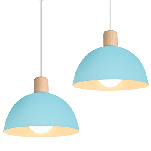 iDEGU 2 Stück Hängelampen Retro E27 LED Hängeleuchte Moderne Skandinavisch Deckenleuchte aus Metall Holz Pendelleuchte für Schlafzimmer Esszimmer Küche Restaurant (Blau, 2 Lampen) von iDEGU