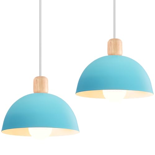 iDEGU 2 Stück Ø20cm Hängelampen Retro E27 LED Hängeleuchte Moderne Skandinavisch Deckenleuchte aus Metall Holz Pendelleuchte für Schlafzimmer Esszimmer Küche Restaurant (Blau, 2 Lampen) von iDEGU