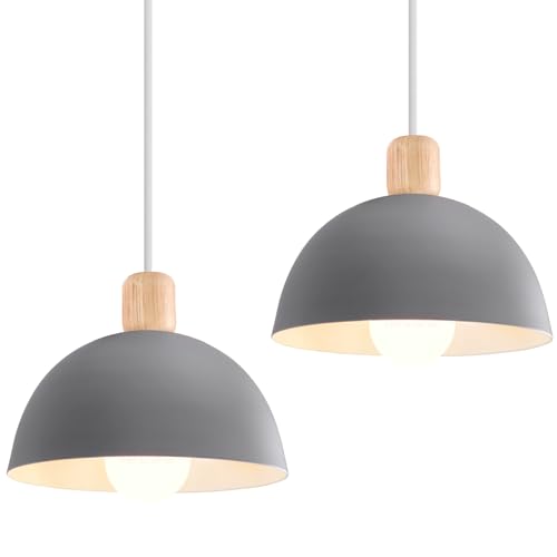 iDEGU 2 Stück Ø20cm Hängelampen Retro E27 LED Hängeleuchte Moderne Skandinavisch Deckenleuchte aus Metall Holz Pendelleuchte für Schlafzimmer Esszimmer Küche Restaurant (Grau, 2 Lampen) von iDEGU