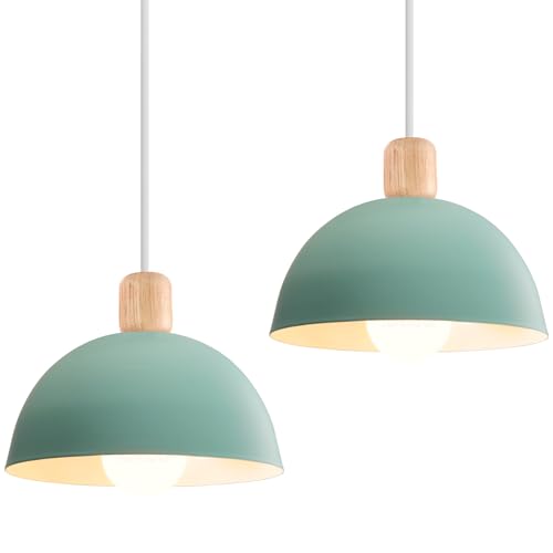 iDEGU 2 Stück Ø20cm Hängelampen Retro E27 LED Hängeleuchte Moderne Skandinavisch Deckenleuchte aus Metall Holz Pendelleuchte für Schlafzimmer Esszimmer Küche Restaurant (Grün, 2 Lampen) von iDEGU