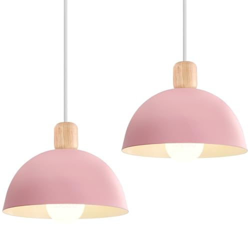 iDEGU 2 Stück Ø20cm Hängelampen Retro E27 LED Hängeleuchte Moderne Skandinavisch Deckenleuchte aus Metall Holz Pendelleuchte für Schlafzimmer Esszimmer Küche Restaurant (Rosa, 2 Lampen) von iDEGU