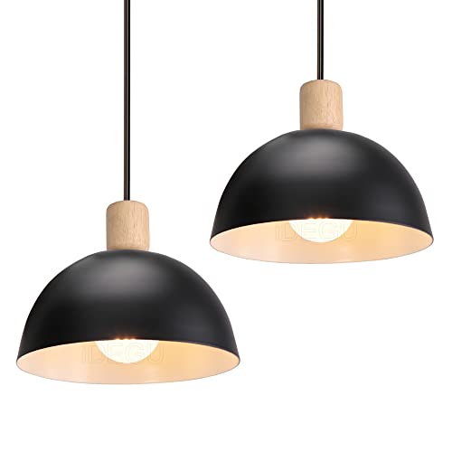 iDEGU 2 Stück Hängelampen Retro E27 LED Hängeleuchte Moderne Skandinavisch Deckenleuchte aus Metall Holz Pendelleuchte für Schlafzimmer Esszimmer Küche Restaurant (Schwarz, 2 Lampen) von iDEGU