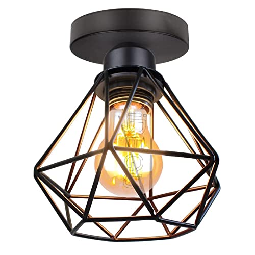 iDEGU Industrielle Deckenleuchten 16cm Retro Deckenlampe aus Eisen Lampenschirm in Käfig Design Vintage Pendelleuchte E27 Lampe für Flur Küche Wohnzimmer Schlafzimmer Dekoration (Schwarz) von iDEGU