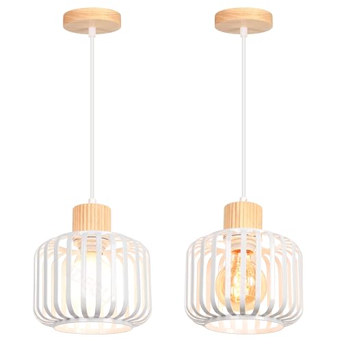 iDEGU 2 Stück Pendelleuchten 18cm Vintage Hängelampe aus Holz Metall Käfig Lampenschirm Weiß Industrie Lampe Deckenleuchte Moderne Hängeleuchte für Esszimmer Küche Schlafzimmer Wohnzimmer (Weiß) von iDEGU