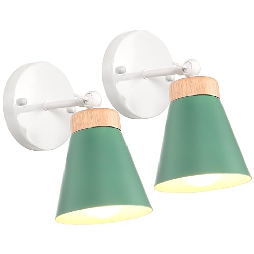 iDEGU 2 Stück Retro Wandleuchten aus Holz Metall Lampenschirm 180° Drehbare Wandspot Modern Deckenleuchte LED Wandlampe Innen für Wohnzimmer Schlafzimmer Flur Küche (Grün) von iDEGU