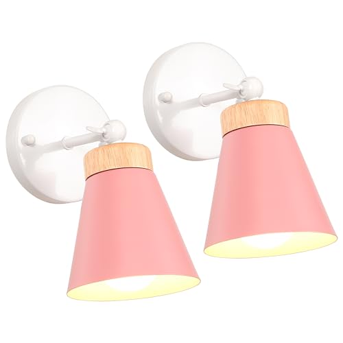 iDEGU 2 Stück Retro Wandleuchten aus Holz Metall Lampenschirm 180° Drehbare Wandspot Modern Deckenleuchte LED Wandlampe Innen für Wohnzimmer Schlafzimmer Flur Küche (Rosa) von iDEGU