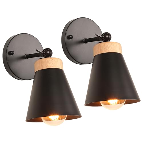 iDEGU 2 Stück Retro Wandleuchten aus Holz Metall Lampenschirm 180° Drehbare Wandspot Modern Deckenleuchte LED Wandlampe Innen für Wohnzimmer Schlafzimmer Flur Küche (Schwarz) von iDEGU