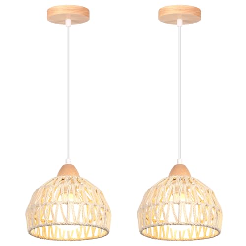 iDEGU 2 Stück Vintage Pendelleuchten Kronleuchter aus Holz Rattan Lampenschirm Industrielle E27 Hängeleuchte Dekoration Retro Hängelampe für Esszimmer Schlafzimmer Wohnzimmer Küche (20cm, Cremeweiß) von iDEGU