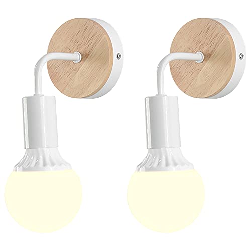 iDEGU 2 Stück Wandlampe Innen Vintage Industrielle Wandleuchte E27 Lampe Lampenschirm aus Metall mit Holzsockel, Wohnzimmerlampe für Wohnzimmer Flur Bar Schlafzimmer (weiß) von iDEGU