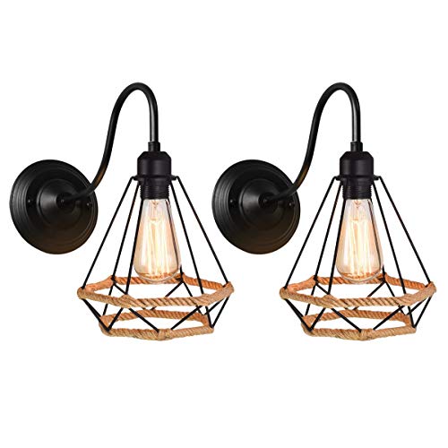 iDEGU 2 Stück Wandleuchte Industrielle Vintage Käfig Design E27 Wandlampe Metall Schlafzimmer mit Hanfseil Lampe für Küche Café Bar Esszimmer Wohnzimmer, Ø 20cm, Schwarz von iDEGU