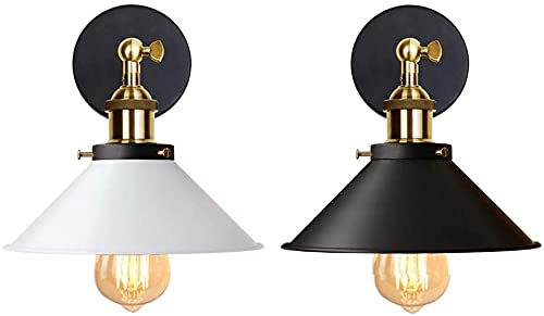 iDEGU 2 Stück Wandleuchte Industrielle Vintage Wandlampe Deckenleuchte Edison-Stil Metall Retro Lampe mit 180° Drehung E27 Fassung, 22 cm Lampenschirm (1 Weiß + 1 Schwarz) von iDEGU