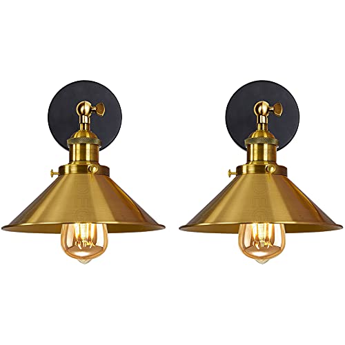 iDEGU 2 Stück Wandleuchte Industrielle Vintage Wandlampe Deckenleuchte Edison-Stil Metall Retro Lampe mit 180° Drehung E27 Fassung, 22 cm Lampenschirm (Gold/Messing) von iDEGU