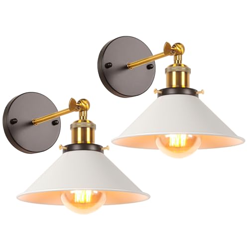 iDEGU 2 Stück Wandleuchte Industrielle Vintage Wandlampe Deckenleuchte Edison-Stil Metall Retro Lampe mit 180° Drehung E27 Fassung, 22 cm Lampenschirm (Weiß) von iDEGU