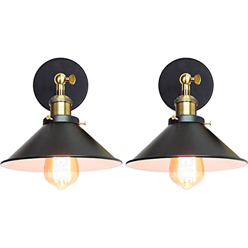 iDEGU 2 Stück Wandleuchte Industrielle Vintage Wandlampe Deckenleuchte Edison-Stil Metall Retro Lampe mit 180° Drehung E27 Fassung Lampe für Küche Flur, 22 cm Lampenschirm (Schwarz mit Innen Weiß) von iDEGU