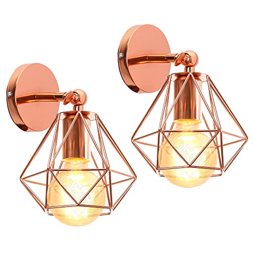 iDEGU 2 Stück Wandleuchten, Vintage Wandlampe Innen im Industrie Design 16cm Käfig Lampenschirm Roségold aus Metall Verstellbare Deckenleuchte Wandleuchte für Schlafzimmer Küche Flur Wohnzimmer von iDEGU