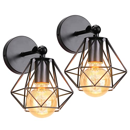 iDEGU 2 Stück Wandleuchten, Vintage Wandlampe Innen im Industrie Design 16cm Käfig Lampenschirm Schwarz aus Metall Verstellbare Deckenleuchte Wandleuchte für Schlafzimmer Küche Flur von iDEGU