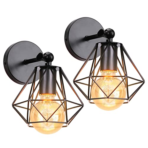 iDEGU 2 Stück Wandleuchten, Vintage Wandlampe Innen im Industrie Design 16cm Käfig Lampenschirm Schwarz aus Metall Verstellbare Deckenleuchte Wandleuchte für Schlafzimmer Küche Flur von iDEGU