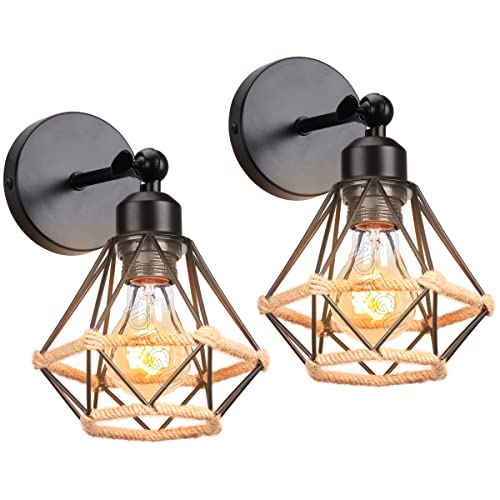 iDEGU 2 Stück Wandleuchten, Vintage Wandlampe Innen im Industrie Design 16cm Käfig Lampenschirm Schwarz aus Metall mit Hanfseil Verstellbare Deckenleuchte Wandleuchte für Schlafzimmer Küche Flur von iDEGU