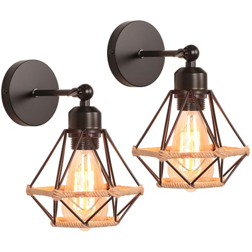 iDEGU 2 Stück Wandleuchten, Vintage Wandlampe Innen im Industrie Design 16cm Käfig Lampenschirm Schwarz aus Metall mit Hanfseil Verstellbare Deckenleuchte Wandleuchte für Schlafzimmer Küche Flur von iDEGU